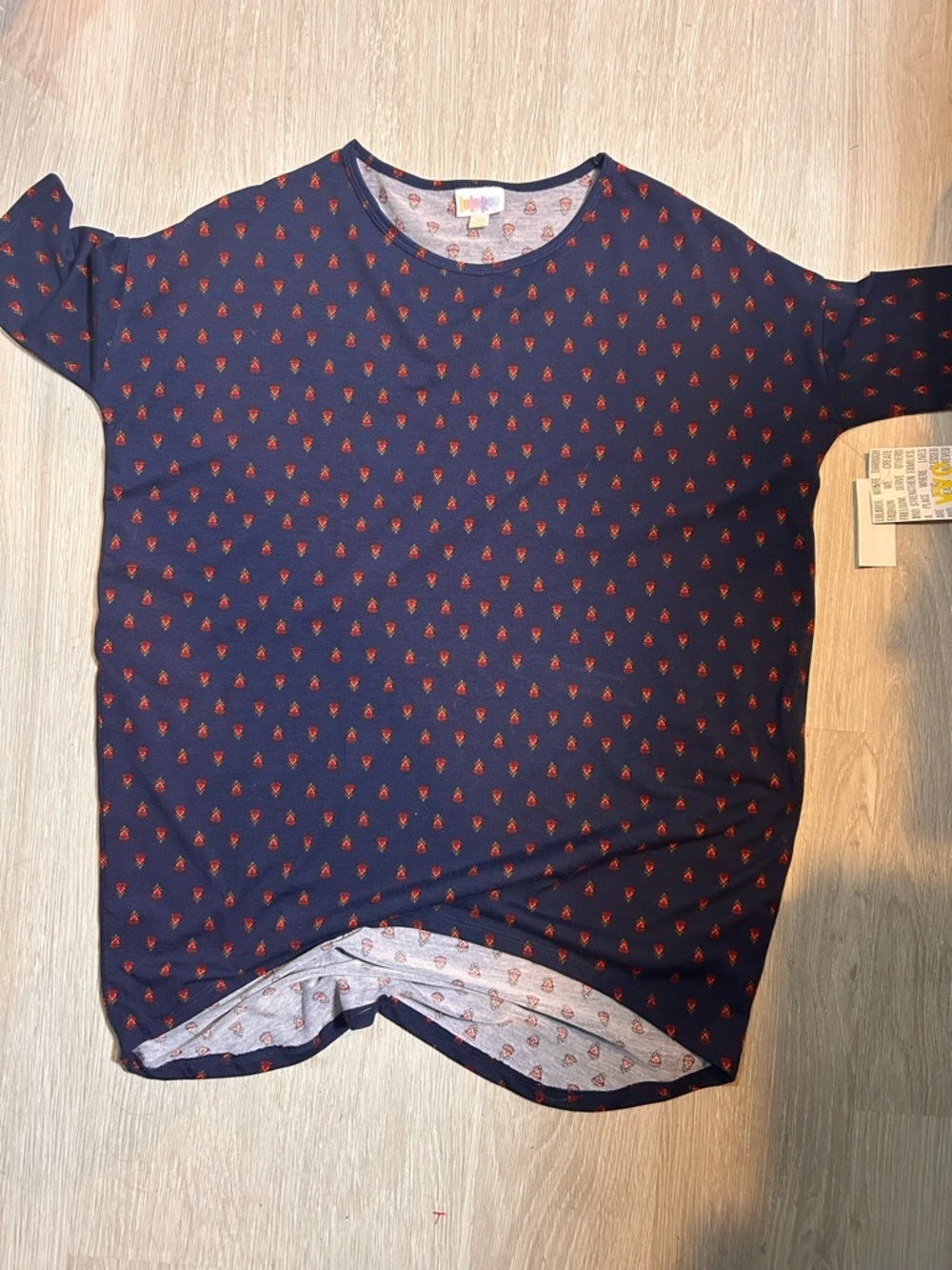 LuLaRoe Navy Top with Red & Orange Tiny Floral Motif